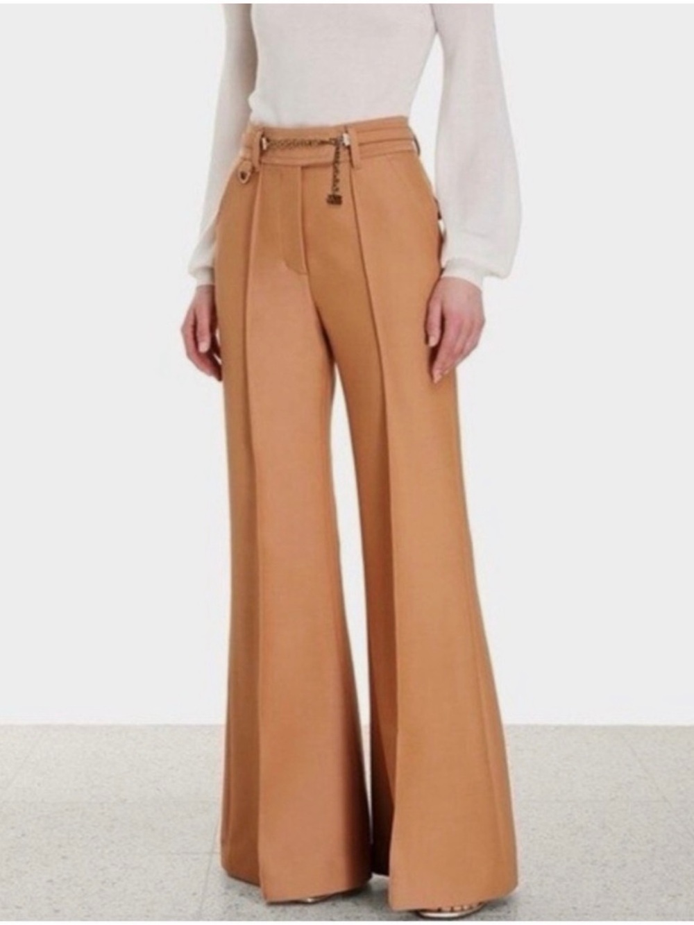 Zimmermann AU0 Wide-Leg Pants in Camel Brown with Gold Chain